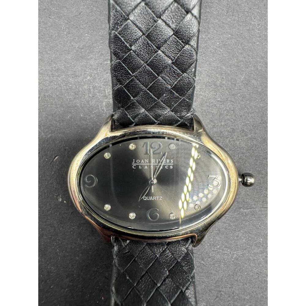 Vintage Joan Rivers Black Woven Leather Band Silver Oval Face Watch
